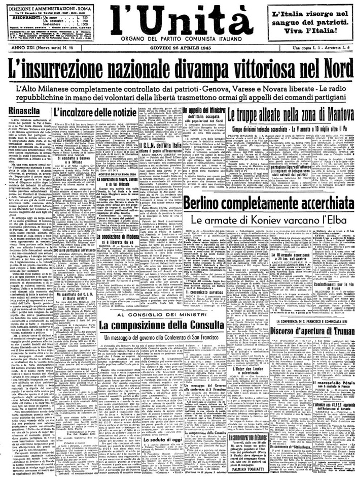 l'Unità, 26 aprile 1945